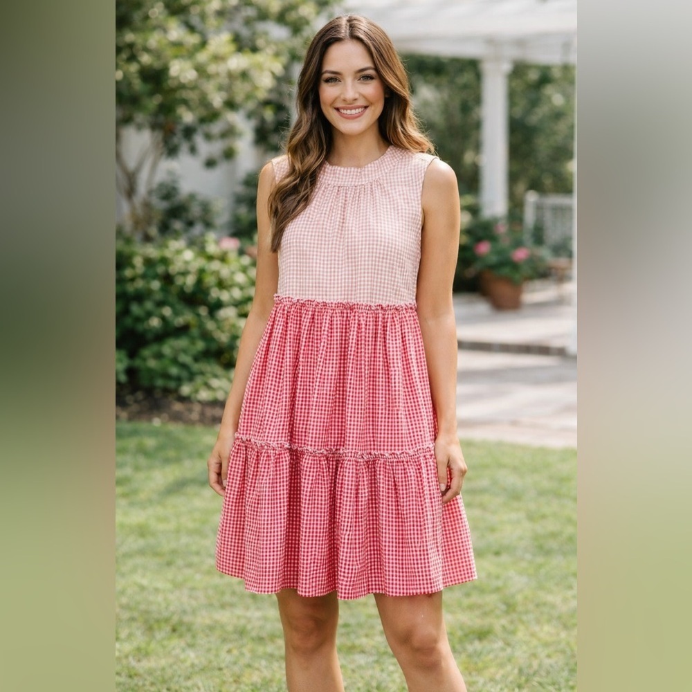 English Factory Pink Gingham Sleeveless Women Midi Dress Size XS